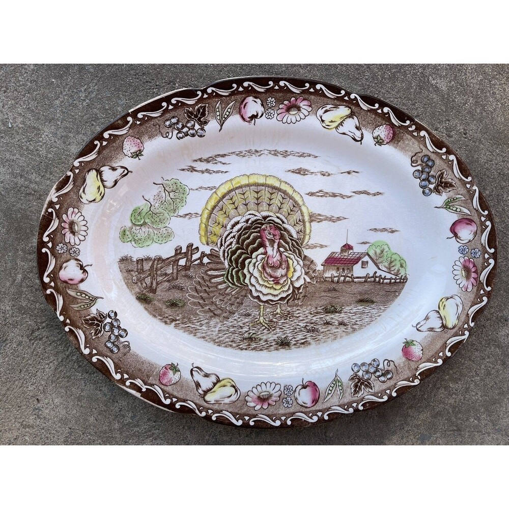 VTG Iron Stone Royal Sealy Japan Turkey Oval Platter 19” Thanksgiving Painted